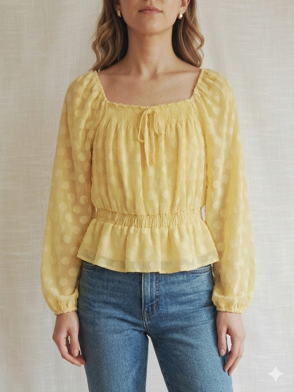 ​LC Lauren Conrad Yellow Clip Dot Smocked Peplum Top - Size XS - Picture 2 of 12